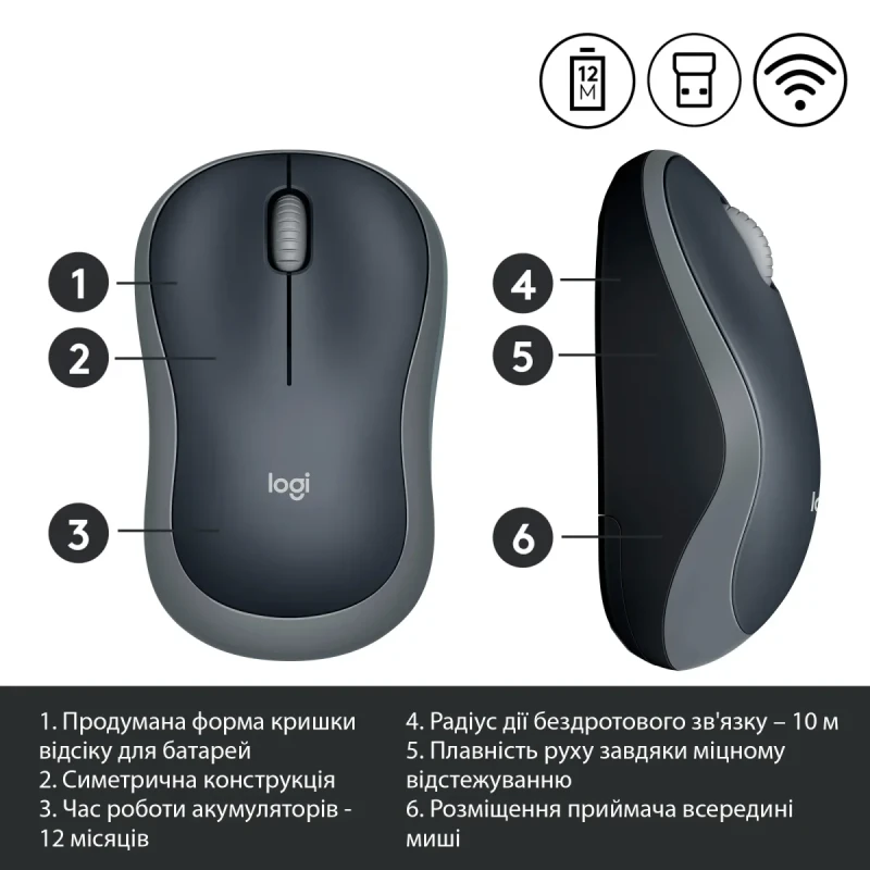 Мишка Logitech M185 Wireless Swift Grey (910-002238)