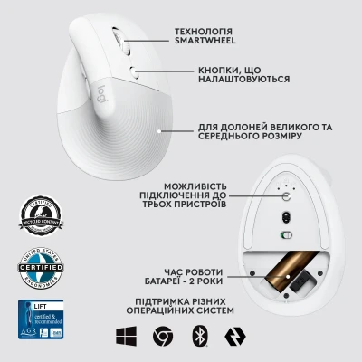 Мишка Logitech Lift Vertical Ergonomic Wireless/Bluetooth for Business Off-white (910-006496) Мишка Logitech Lift Vertical Ergonomic Wireless/Bluetooth for Business Off-white (910-006496)