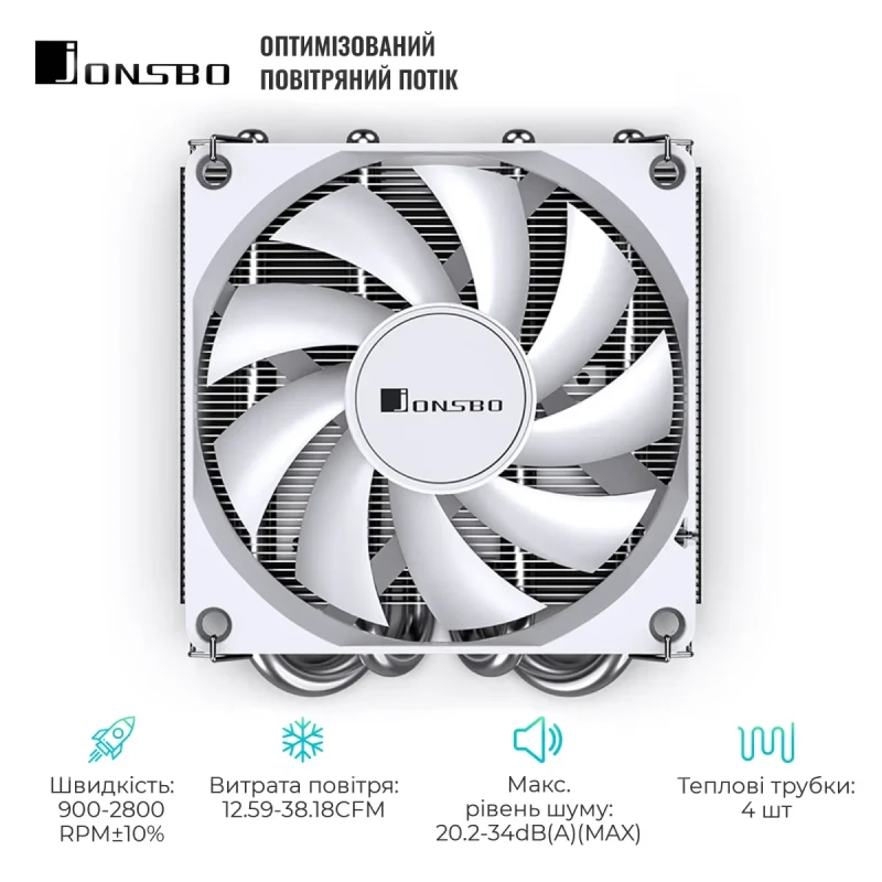 Процесорний кулер JONSBO HP400S White (92mm/LGA115X/1200/1700, AMD AM4/AM5/4 тепл. трубки)