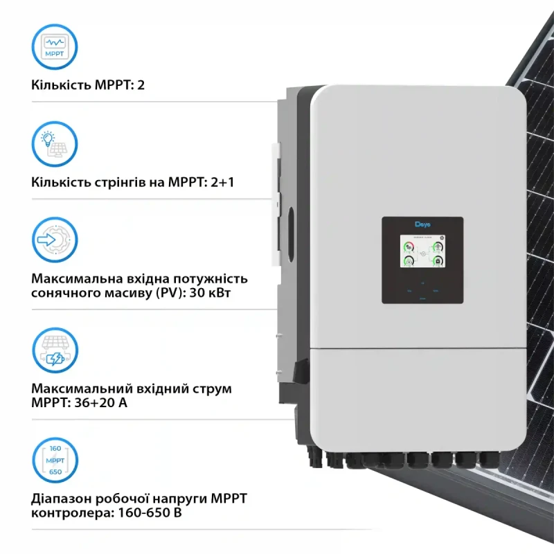 Гібридний інвертор DEYE SUN-20K-SG05LP3-EU-SM2 20KW 48V 2 MPPT Wi-Fi 220/380V Трифазний (SUN-20K-SG05LP3-EU-SM2)