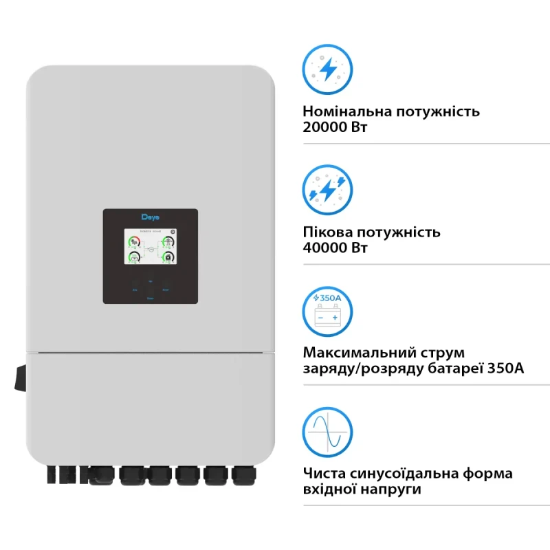 Гібридний інвертор DEYE SUN-20K-SG05LP3-EU-SM2 20KW 48V 2 MPPT Wi-Fi 220/380V Трифазний (SUN-20K-SG05LP3-EU-SM2)