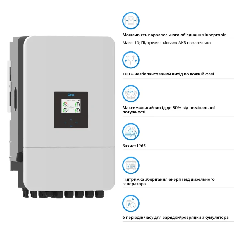 Гібридний інвертор DEYE SUN-20K-SG05LP3-EU-SM2 20KW 48V 2 MPPT Wi-Fi 220/380V Трифазний (SUN-20K-SG05LP3-EU-SM2)