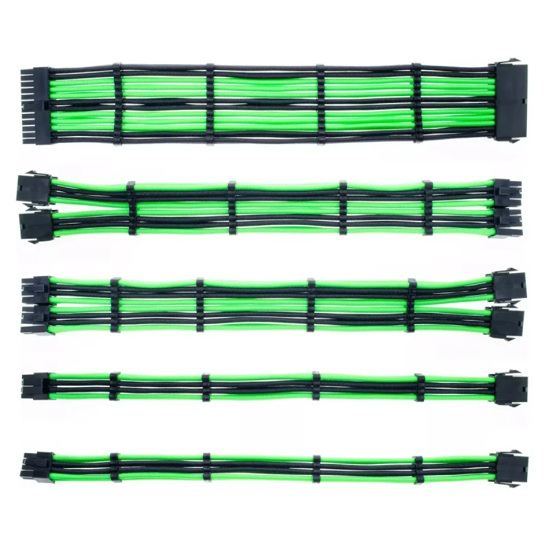 Набір кастомних кабелів живлення QUBE 1*24P MB, 2*4+4P CPU,2*6+2P VGA Black-Green