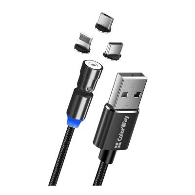 Кабель ColorWay 3в1 USB - Lightning+MicroUSB+USB-C Magnetic Rotation 540° 2.4A 1m Black (CW-CBUU037-BK)