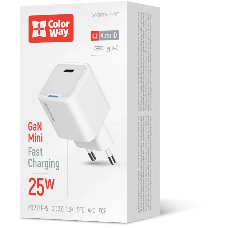 Мережевий ЗП СolorWay USB-C 25W GaN Mini White (CW-CHS052PD-WT)