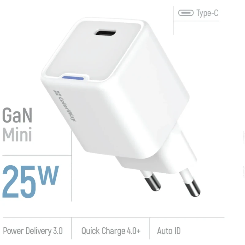 Мережевий ЗП СolorWay USB-C 25W GaN Mini White (CW-CHS052PD-WT)