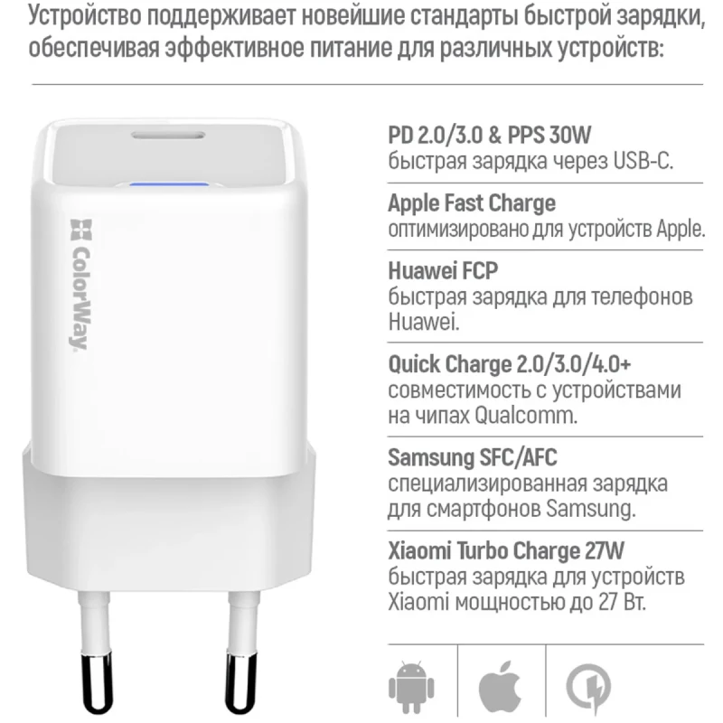 Мережевий ЗП СolorWay USB-C 30W GaN Mini White (CW-CHS054PD-WT)