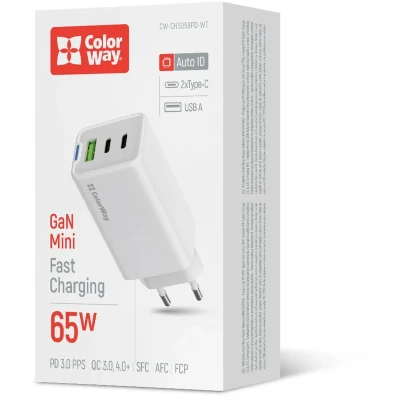 Мережевий ЗП СolorWay 2xUSB-C+USB 65W GaN Mini White (CW-CHS058PD-WT) Мережевий ЗП СolorWay 2xUSB-C+USB 65W GaN Mini White (CW-CHS058PD-WT)