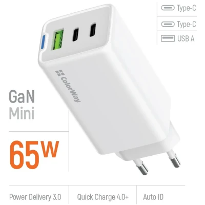 Мережевий ЗП СolorWay 2xUSB-C+USB 65W GaN Mini White (CW-CHS058PD-WT) Мережевий ЗП СolorWay 2xUSB-C+USB 65W GaN Mini White (CW-CHS058PD-WT)