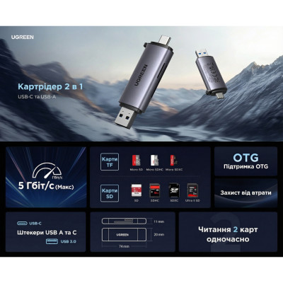 Зчитувач флеш-карт Ugreen USB-C + USB to TF/SD 3.0 CM185 gray (50706) Зчитувач флеш-карт Ugreen USB-C + USB to TF/SD 3.0 CM185 gray (50706)