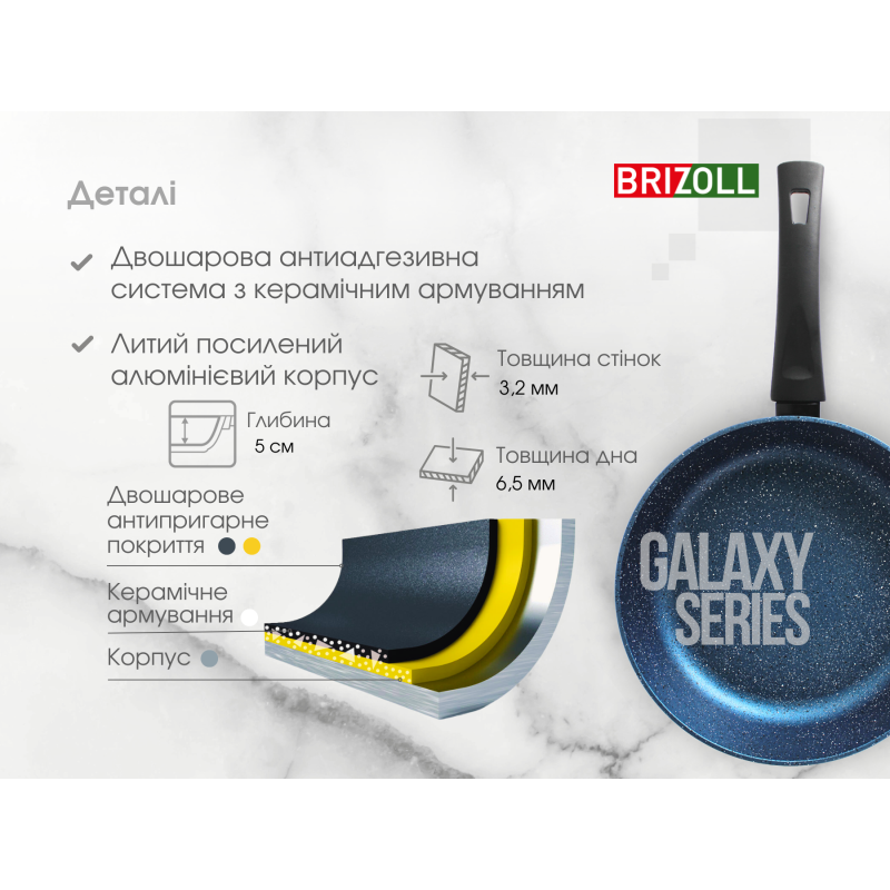 Сковорода 24 см з антипригарним покриттям GALAXY зі скляною кришкою