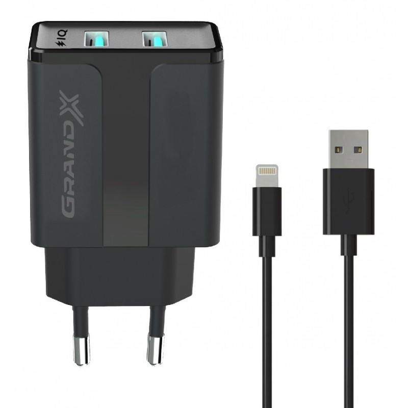 Мережевий зарядний пристрій Grand-X CH15LTB (2хUSB 2.4A) Black + кабель Lightning