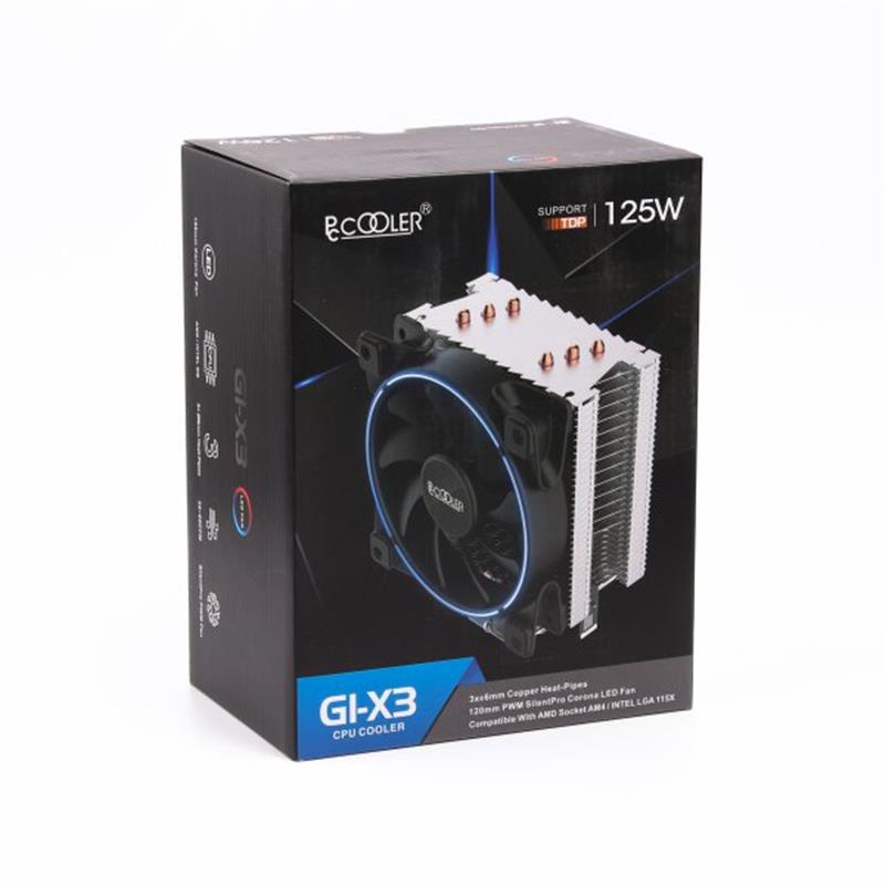 Кулер процессорный PCCooler GI-X3B Blue, Intel: 1150/1151/1155/1156/775, AMD: AM2/AM2+/AM3/AM3+/AM4/FM1/FM2/FM2+, 148х124.5х84 мм, 4-pin