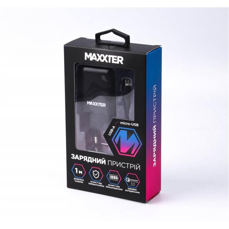 Мережевий зарядний пристрій Maxxter (1USBх2.4А) QC3.0 Black (WC-QC-AtM-01) + кабель microUSB