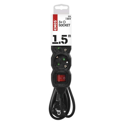 Фільтр живлення Emos (PC1321) з вимикачем, 3 розетки, 1.5м, Black
