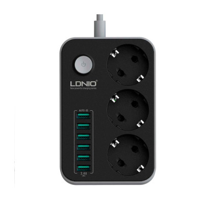 Мережевий фільтр Ldnio (SE3631/19044) 3 розетки, 6 USB, 2 м, Black/Grey