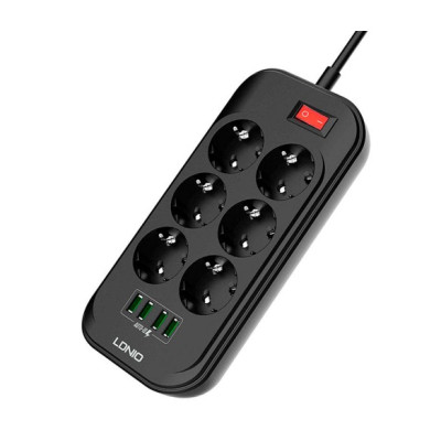 Мережевий фільтр Ldnio (SE6403/19042) 6 розеток, 4 USB, 2 м, Black
