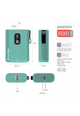 Універсальна мобільна батарея ColorWay Full Power 10000mAh Green (CW-PB100LPK2GR-PDD)