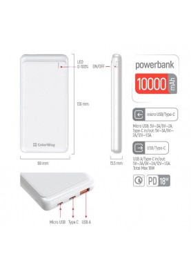 Універсальна мобільна батарея ColorWay Slim PD 10000mAh White (CW-PB100LPG3WT-PD)