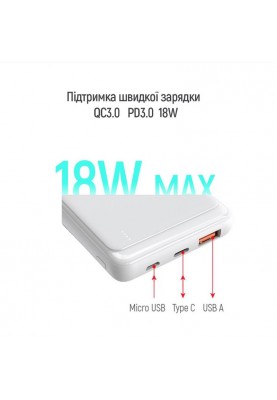 Універсальна мобільна батарея ColorWay Slim PD 10000mAh White (CW-PB100LPG3WT-PD)