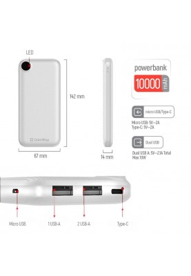 Універсальна мобільна батарея ColorWay Slim, LCD 10000mAh White (CW-PB100LPH2WT-D)