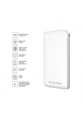 Універсальна мобільна батарея ColorWay Soft Touch 10000mAh White (CW-PB100LPE3WT-PD)