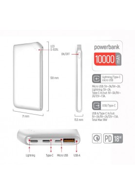 Універсальна мобільна батарея ColorWay Soft Touch 10000mAh White (CW-PB100LPE3WT-PD)