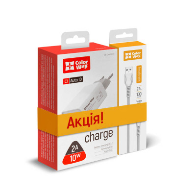 Мережевий зарядний пристрій ColorWay AutoID (1USBx2A) White (CW-CHS012-WT/CBUL027-WH) + кабель Lightning