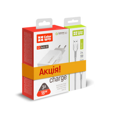 Мережевий зарядний пристрій ColorWay QC3.0 (1USBx3A) White (CW-CHS013Q-WT/CBUM028-WH) + кабель microUSB