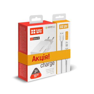 Мережевий зарядний пристрій ColorWay QC3.0 (1USBx3A) White (CW-CHS013Q-WT/CBUL027-WH) + кабель Lightning