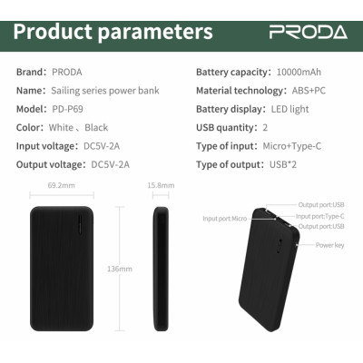 Універсальна мобільна батарея Proda PD-P69 10000mAh White (PRD-PDP69-WT)