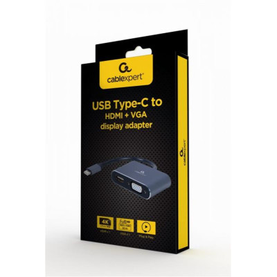 Адаптер Cablexpert HDMI+VGA - USB Type-C (F/M), 0.15 м, Black (A-USB3C-HDMIVGA-01)