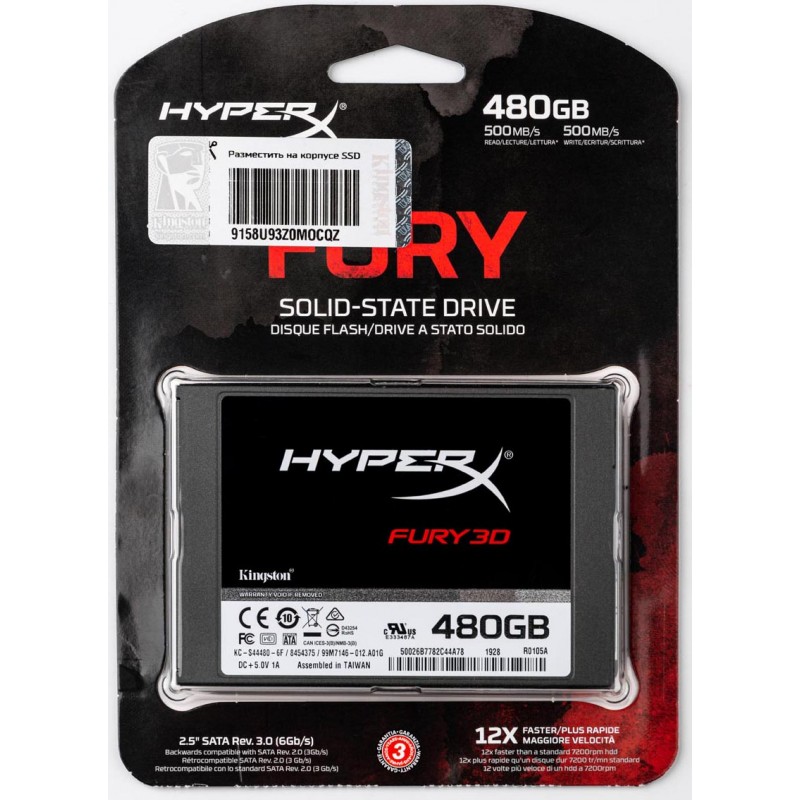 Накопитель SSD  480GB Kingston HyperX Fury 3D 2.5" SATAIII 3D TLC (KC-S44480-6F)