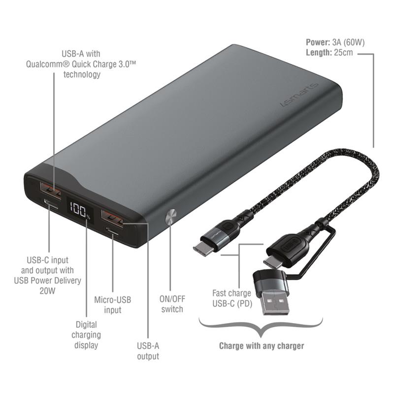 Універсальна мобільна батарея 4smarts VoltHub Pro 10000mAh 22.5W with Quick Charge, PD gunmetal *Select Edition*