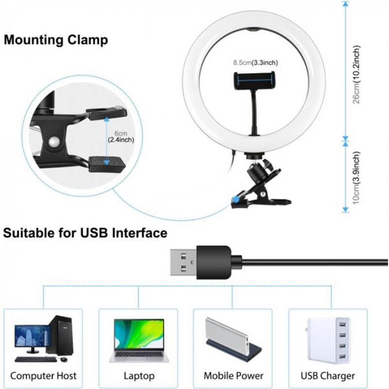 Кільцева USB LED лампа Puluz PKT3126B 10.2" + затискач