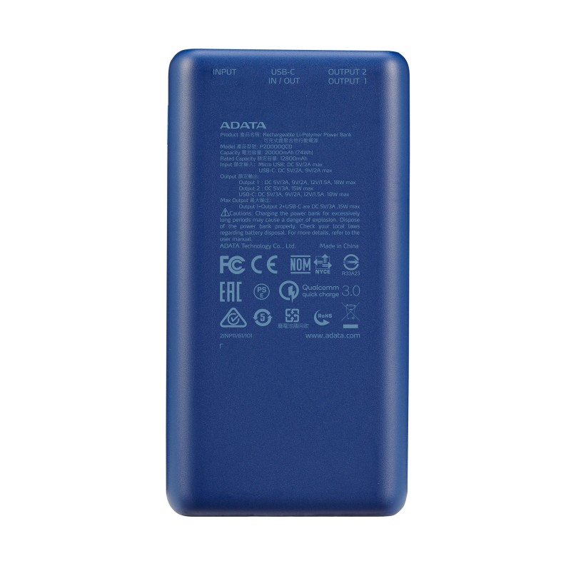 Универсальная мобильная батарея A-DATA P20000QCD 20000mAh Blue