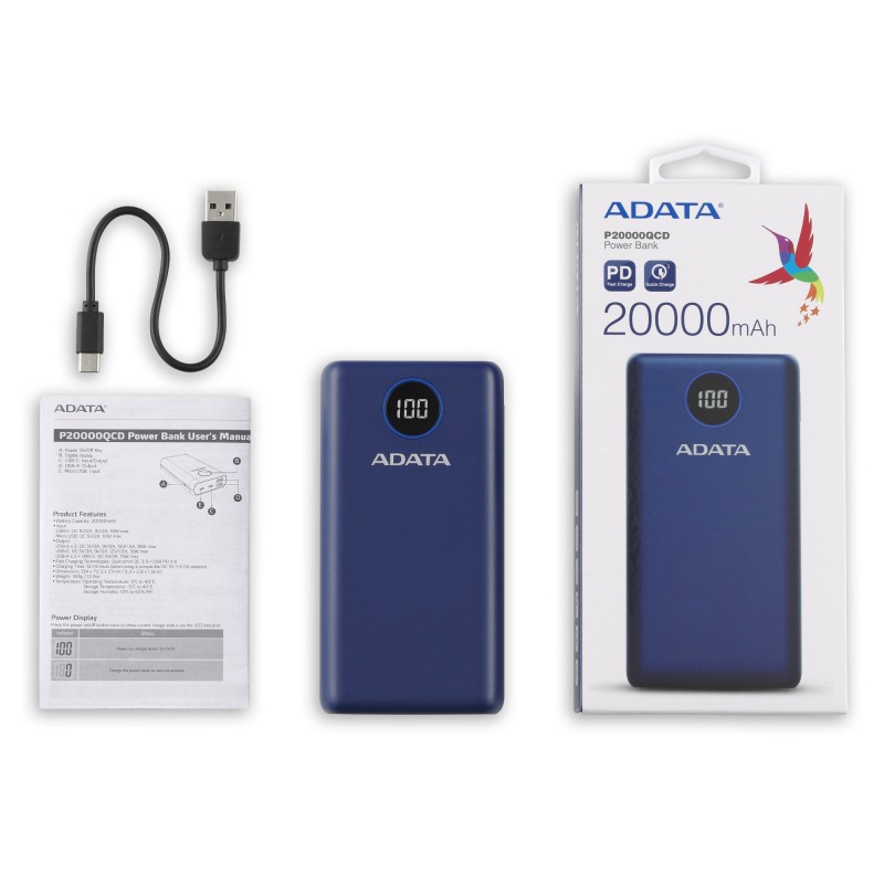 Универсальная мобильная батарея A-DATA P20000QCD 20000mAh Blue