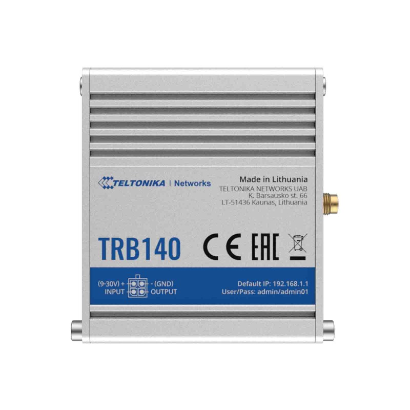 Маршрутизатор Teltonika TRB140 (TRB140003000) (industrial, 1xFE LAN, 1xSIM, 4G/LTE.Cat4, 1xMicroUSB, MODBUS, 4 pin DC, IP30, ALU Case, RMS, CLI, IoT, монтаж DIN rail, 1хSMA для LTE)