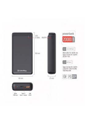 Універсальна мобільна батарея ColorWay Slim 20000mAh Black (CW-PB200LPG3BK-PD)