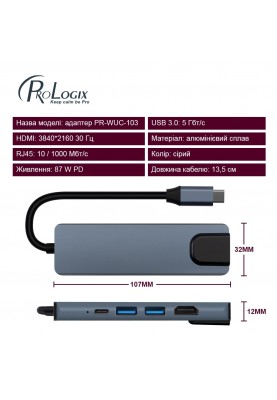 Док-станція ProLogix (PR-WUC-103B) 5 in 1 USB3.1 Type C to HDMI+2*USB3.0+USB C PD+Lan