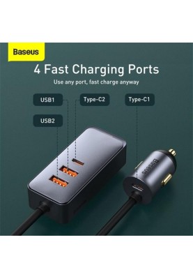 Автомобільний зарядний пристрій Baseus Share Together PPS  with extension cord 120W (2USB, 2USB-C) Gray (CCBT-A0G)