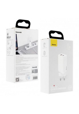 Мережевий зарядний пристрій Baseus GaN2 Lite (1USB, 1USB-C) 65W White (CCGAN2L-B02)