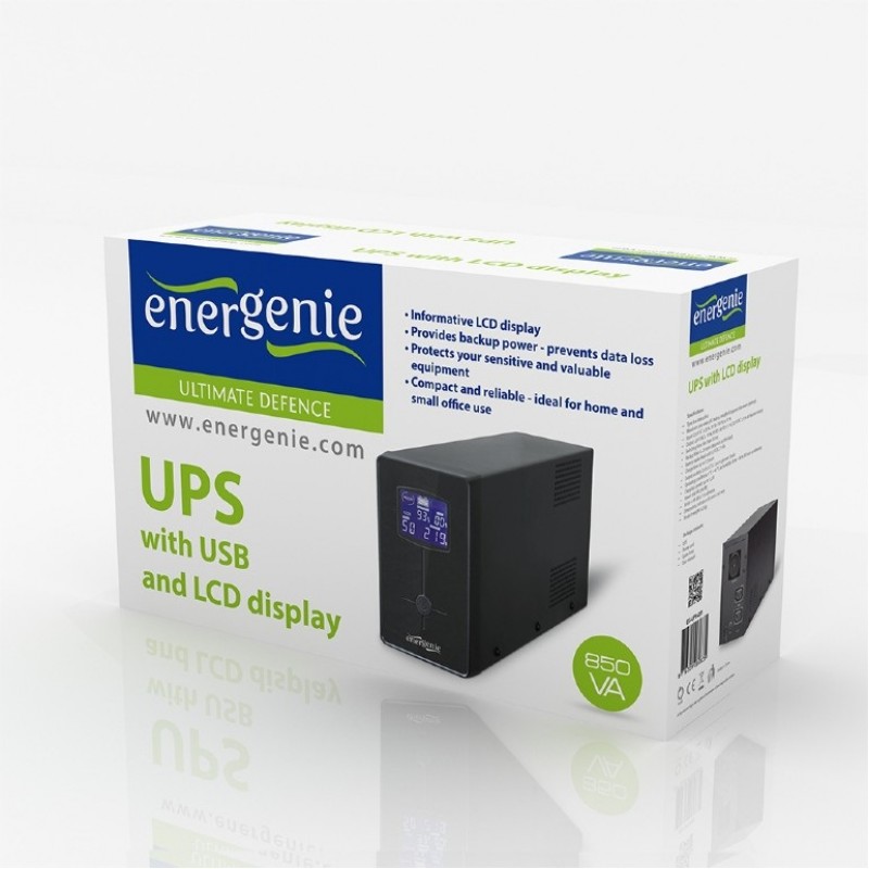 Джерело безперебійного живлення EnerGenie EG-UPS-032 850VA, Line Int., AVR, 2xIEC+1xSchuko, USB, LCD, RJ11