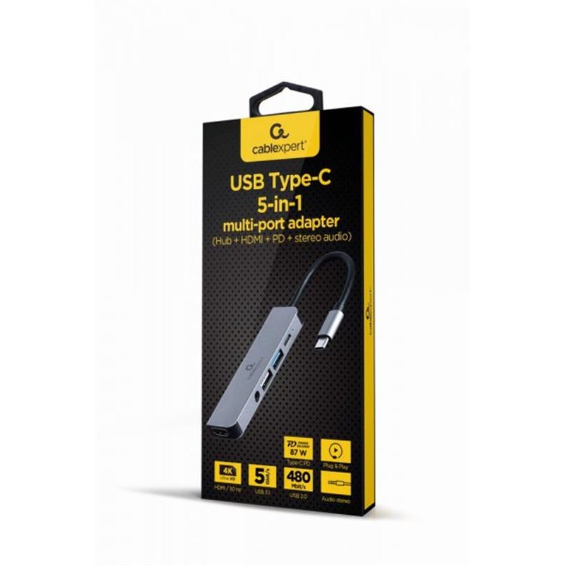 Док-станція Cablexpert USB-C 5-в-1 (A-CM-COMBO5-02) USB/HDMI/PD/Аудіо 3,5