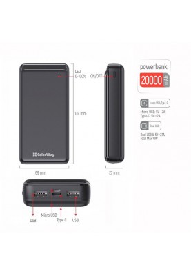 Універсальна мобільна батарея ColorWay Slim 20000mAh Black (CW-PB200LPD2BK)