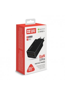 Мережевий зарядний пристрій ColorWay GaN3 Pro Power Delivery (2USB Type-C PDx3A;1USBx3A) Black (CW-CHS039PD-BK)