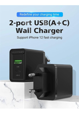 Мережевий зарядний пристрій Vention USB Type C + QC4.0 (18-20W) Black (FBBB0-EU)