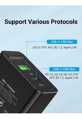 Мережевий зарядний пристрій Vention USB Type C + QC4.0 (18-20W) Black (FBBB0-EU)