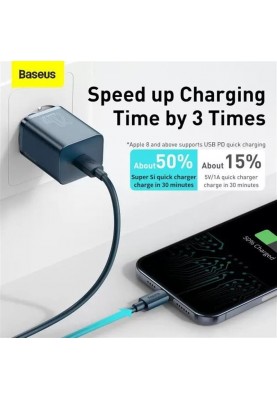 Мережевий зарядний пристрій Baseus Super Si Quick Charger 1C (1USB-C) 20W Blue (TZCCSUP-B03) + кабель Lightning