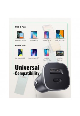 Автомобільний зарядний пристрій Ugreen CD130 (2xUSB 20W (USB-C+USB-A) QC 3.0+ Gray (30780)